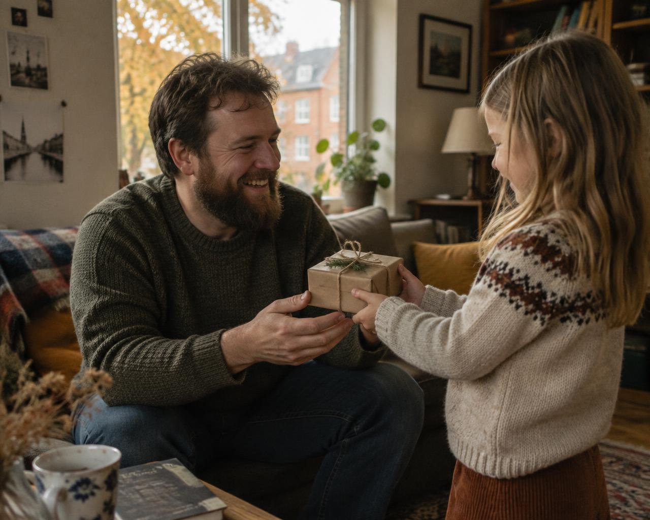 A bearded father smiling as his daughter hands him a small wrapped gift