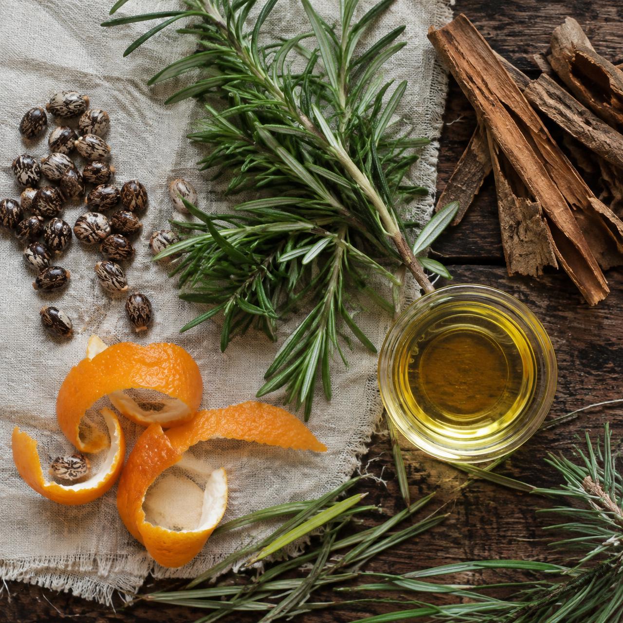 Castor seeds, rosemary, orange peel, cinnamon bark and a dish of oil on linen